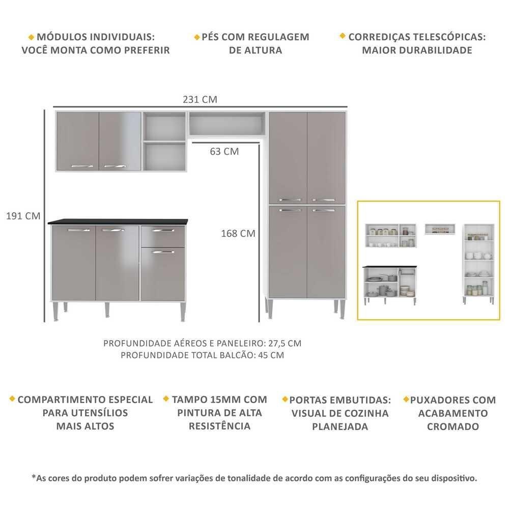 Cozinha Compacta com Armário e Balcão Xangai Multimóveis VM2840 Branca/Lacca Fumê - 2