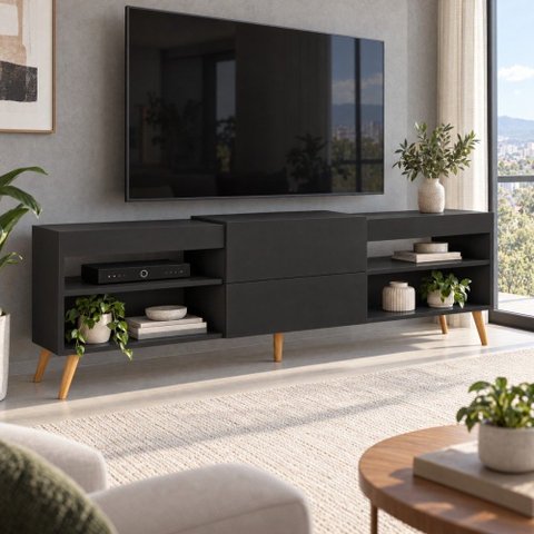 Rack para TV até 55 Polegadas Taylor 1 Porta 2 Prateleiras Preto Fosco - Panorama Móveis