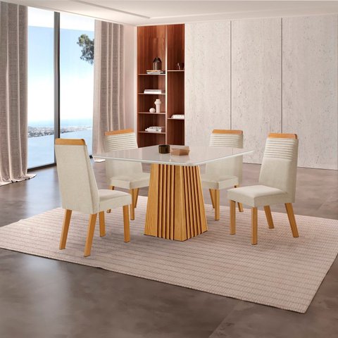Conjunto de Jantar Mesa Áustria 0,90x0,90 Tampo MDF/Vidro com 4 Cadeiras Catar Yescasa Marrom/Castanho/Creme/Off White