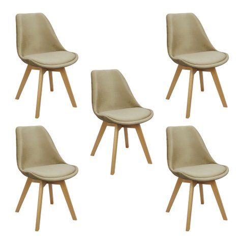 Kit 5 Cadeiras Charles Eames Leda Veludo Luisa Saarinen Estofada Base Madeira - Bege