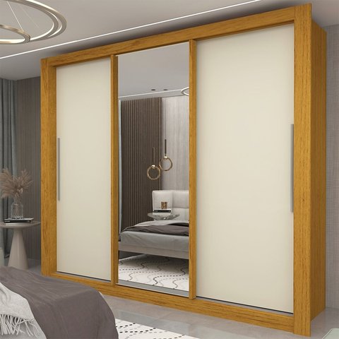 Guarda-Roupa Casal 3 Portas 1 Porta Espelhada Milão 100% MDF Yescasa Marrom/Marrome/Off White