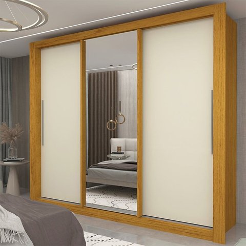 Guarda-Roupa Casal 3 Portas 1 Porta Espelhada Milão 100% MDF Yescasa Marrom/Marrome/Off White