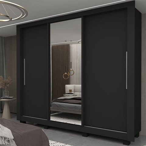 Guarda-Roupa Casal 3 Portas 1 Porta Espelhada com Pés Milão 100% MDF Yescasa Preto