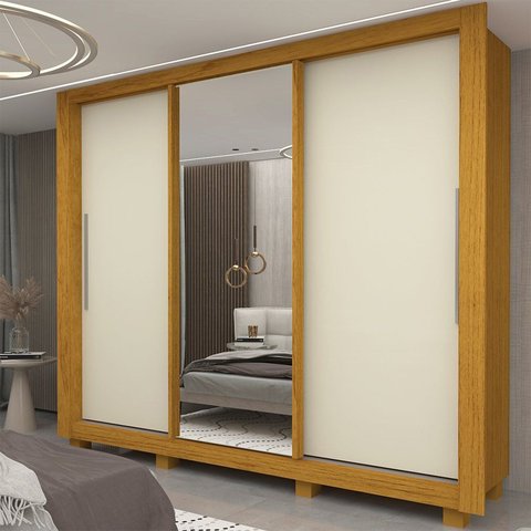 Guarda-Roupa Casal 3 Portas 1 Porta Espelhada com Pés Milão 100% MDF Yescasa Marrom/Marrome/Off White