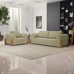 Kit 02 Poltronas e 01 Sofá Bloom 200cm 03 Lugares com Pés de Madeira Bouclê Bege - Desk Design - 2