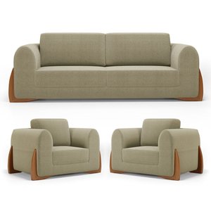 Kit 02 Poltronas e 01 Sofá Bloom 200cm 03 Lugares com Pés de Madeira Bouclê Bege - Desk Design