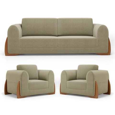 Kit 02 Poltronas e 01 Sofá Bloom 200cm 03 Lugares com Pés de Madeira Bouclê Bege - Desk Design