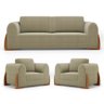 Kit 02 Poltronas e 01 Sofá Bloom 200cm 03 Lugares com Pés de Madeira Bouclê Bege - Desk Design - 1