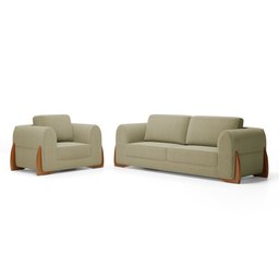 Kit 02 Poltronas e 01 Sofá Bloom 200cm 03 Lugares com Pés de Madeira Bouclê Bege - Desk Design - 10