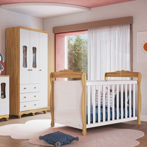 Quarto de Bebê Guarda-Roupa 3 Portas com Janelas e Berço Minicama 100% MDF Aurora Espresso Móveis Branco/Brilho/Amêndoa