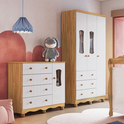 Quarto Infantil com Guarda-Roupa 3 Portas e Cômoda com Janelas 100% MDF Lana Espresso Móveis Branco/