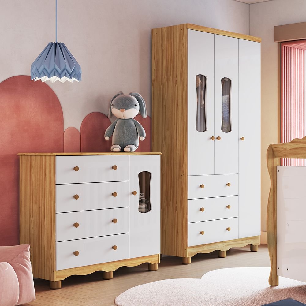 Quarto Infantil com Guarda-roupa 3 Portas e Cômoda com Janelas 100% Mdf Lana Espresso Móveis - 1