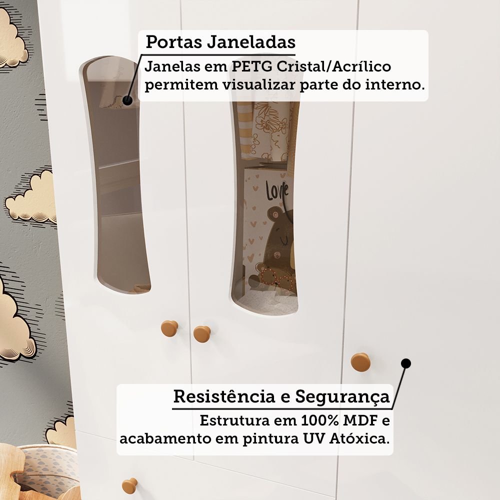 Quarto Infantil com Guarda-roupa 3 Portas e Cômoda com Janelas 100% Mdf Lana Espresso Móveis - 6