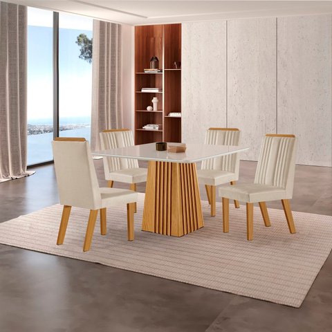 Conjunto de Jantar Mesa Áustria 0,90x0,90 Tampo MDF/Vidro com 4 Cadeiras Florença Yescasa Marrom/Castanho Cinamomo/Creme/Off White