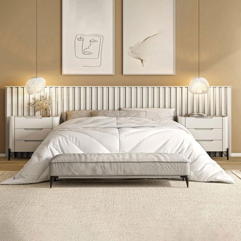 Conjunto Cabeceira Super King 400cm C/ 2 Mesas de Cabeceira Cor:luna com Preto