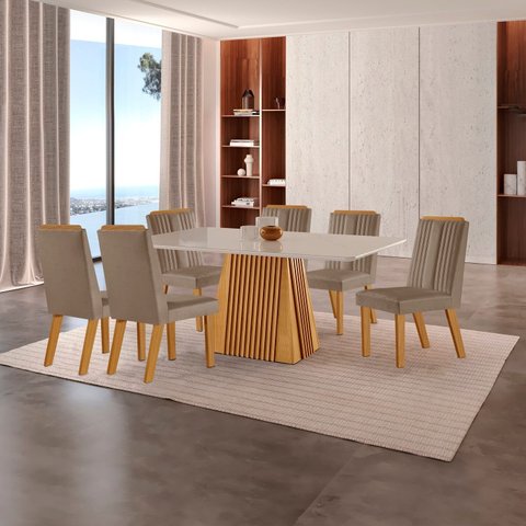 Conjunto de Jantar Mesa Áustria 160x80cm 6 Cadeiras Tampo MDF/Vidro Marrom Yescasa Castanho Cinamomo/Capuccino/Off White