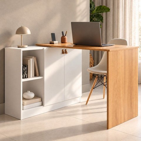 Escrivaninha Mesa Escritório Versa Home 2 Portas 112cm Branco e Freijó