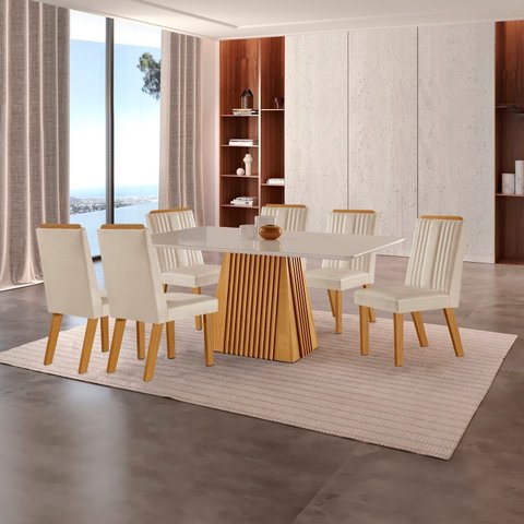 Conjunto de Jantar Mesa Áustria 160cm x 80cm Tampo MDF/Vidro com 6 Cadeiras Florença Yescasa Marrom/Castanho Cinamomo/Creme/Off White
