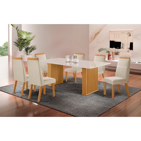 Conjunto Sala de Jantar Mesa Imperatriz 1,80x0,90 com 06 Cadeiras Catar Yescasa Marrom/Castanho Cinamomo/Creme/Off White