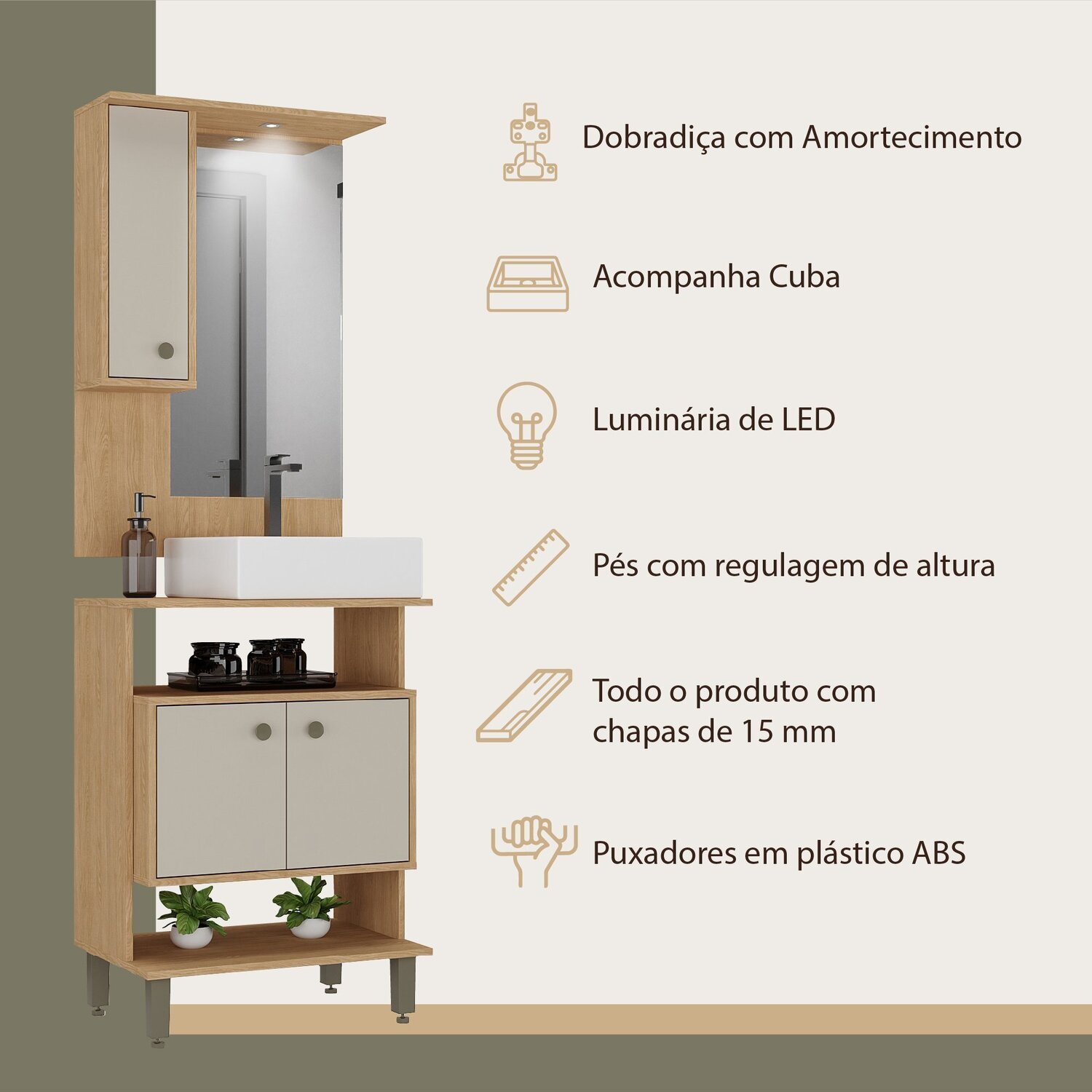 Conjunto de Banheiro Gabinete 2 Porta com Cuba de Sobrepor Espelheira 1 Porta com Led Eleganza - 6