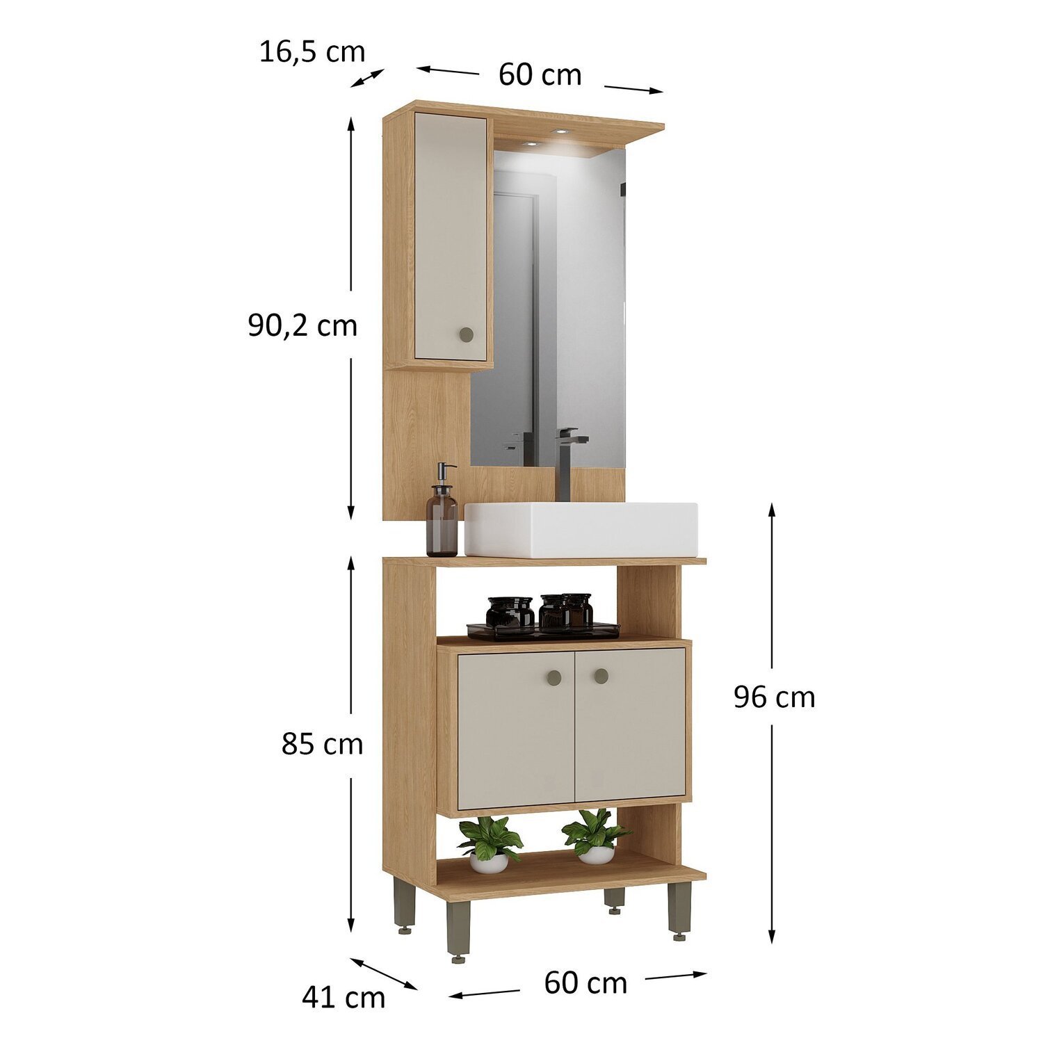 Conjunto de Banheiro Gabinete 2 Porta com Cuba de Sobrepor Espelheira 1 Porta com Led Eleganza - 3