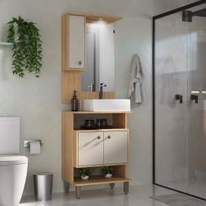 Armário Conjunto de Banheiro com Gabinete, Cuba e Espelheira 2 Porta a com Led na Espeheira Berlin 60 cm