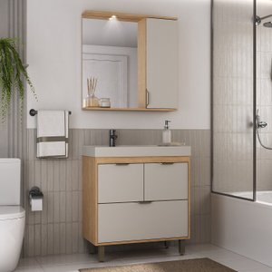 Armário Conjunto de Banheiro com Gabinete, Cuba e Espelheira  e LED 80 cm