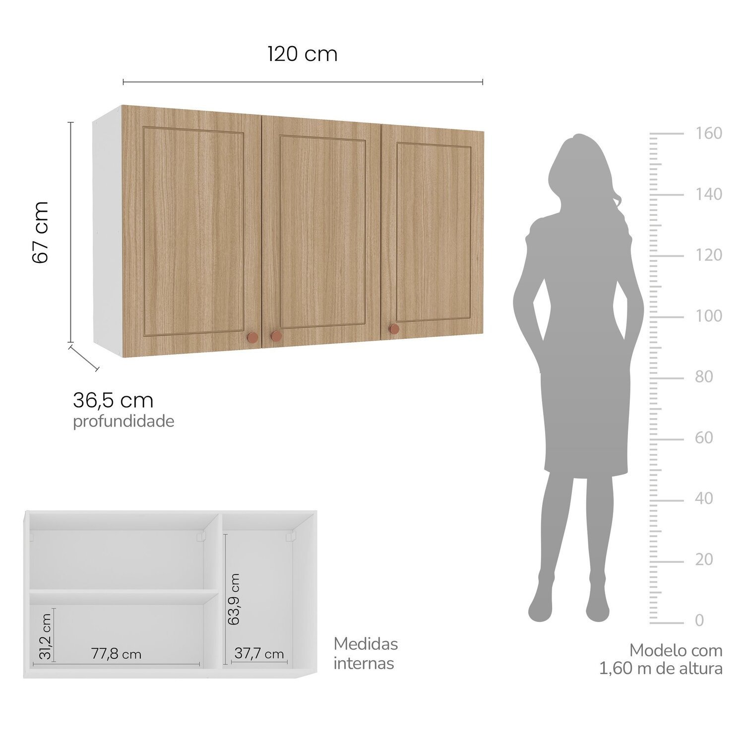 Armário Aéreo 3 Portas 120 Cm Pérola - 3