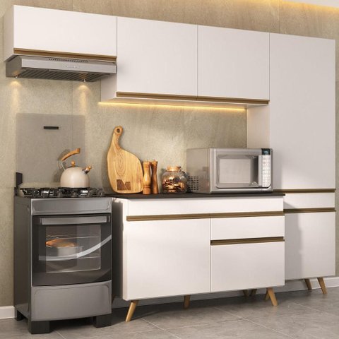 Armário Cozinha Modulada Compacta 252cm com Balcão Veneza Multimóveis Mp3761 Branco/dourado