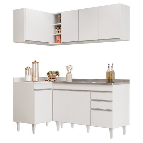Armário de Cozinha Modulado de Canto Direito 4 Peças Cp39 com Pia Inox Branco - Lumil Lumil Móveis
