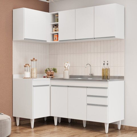 Armário de Cozinha Modulado de Canto Direito 4 Peças Cp39 com Pia Inox Branco - Lumil Lumil Móveis