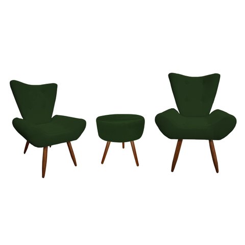 Kit 2 Poltronas Decorativa Emilia + Puff Redondo Suede Verde Pés Madeira Ms Decor