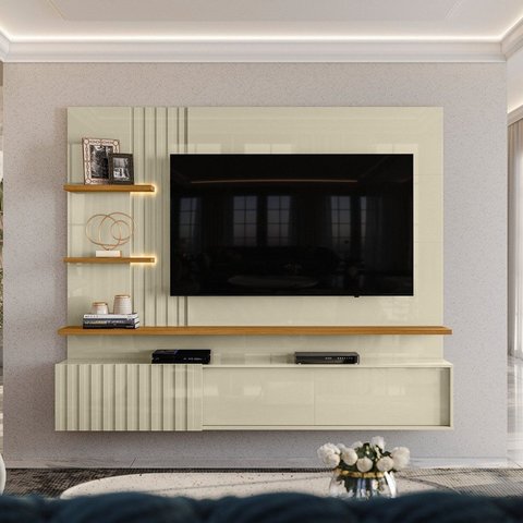 Painel Ripado para TV até 65 Polegadas com LED 3 Portas Correr 167,5x200cm Atena Amadeirado Off