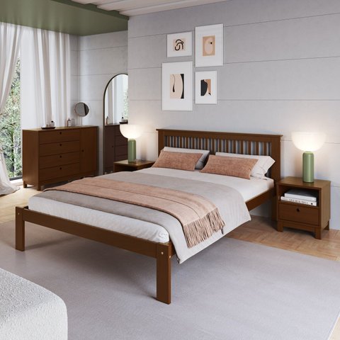 Cama de Casal Júlia de Madeira Maciça com Lastro Marrom/Walnut