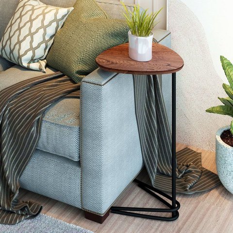 Mesa Lateral de Sofá Formato Folha MDF e Aço 70x40cm Preto/Madeira