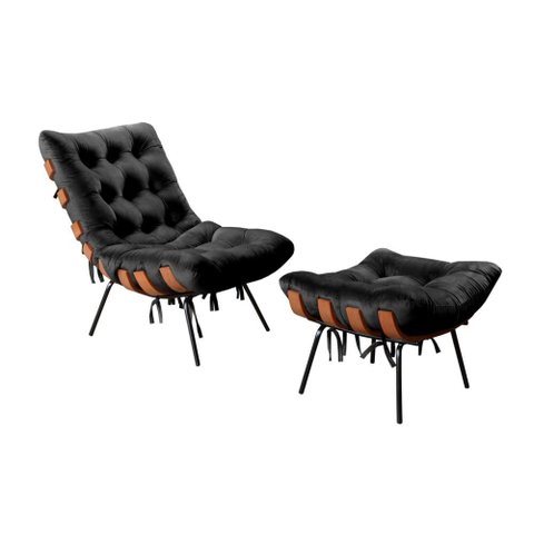 Poltrona Costela com Puff Cor:Veludo Preto 410