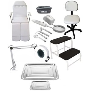 Kit Cadeira Podologia Mocho Exaustor com Luminária Escada Alta Frequência Htm Brinde Fiscomed Kit Ma