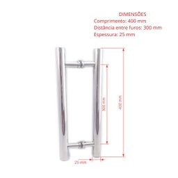 Puxador H duplo 40x30cm tubular redondo para porta de vidro e portão - Cromado - 2