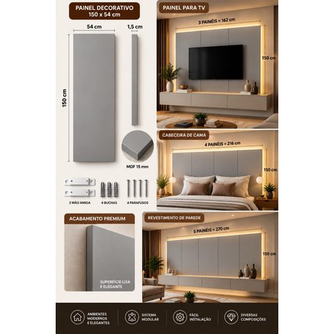 Painel Decorativo Modular Florêncio 150x54cm MDF 15mm Cinza para TV e Cabeceira