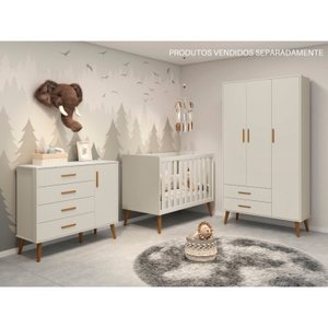 Quarto de bebê Completo com Guarda Roupa 4 portas 2 gavetas, Cômoda Sapateira 4 gavetas e 1 Porta e Berço Isis