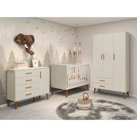 Quarto de Bebê Completo com Guarda Roupa 3 Portas 2 Gavetas, Cômoda 4 Gavetas e Berço Isis