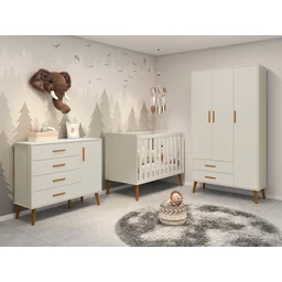 Quarto de Bebê Completo com Guarda Roupa 3 Portas 2 Gavetas, Cômoda 4 Gavetas e Berço Isis - 1 Quarto de Bebê Completo com Guarda Roupa 3 Portas 2 Gavetas, Cômoda 4 Gavetas e Berço Isis - 1