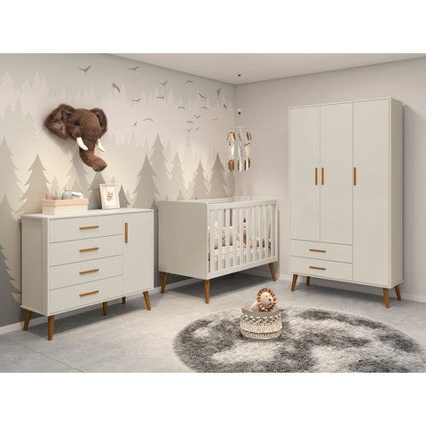Quarto de Bebê Completo com Guarda Roupa 3 Portas 2 Gavetas, Cômoda 4 Gavetas e Berço Isis