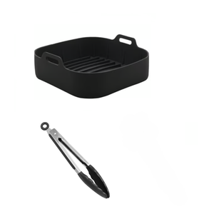 Kit Forro para Air Fryer Quadrada 21cm e Pinça Multiuso de 25cm em Silicone Preto - Unyhome