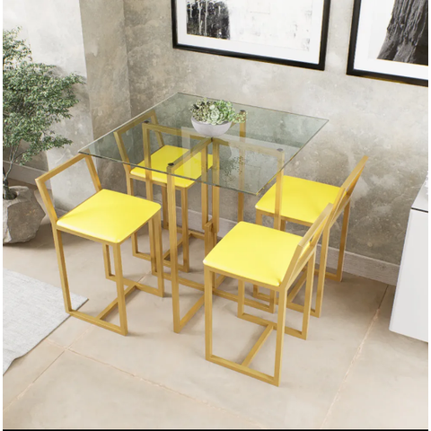 Conjunto Mesa Vidro 4 Cadeiras Pequena Estofado Amarelo Industrial Don Castro Decor