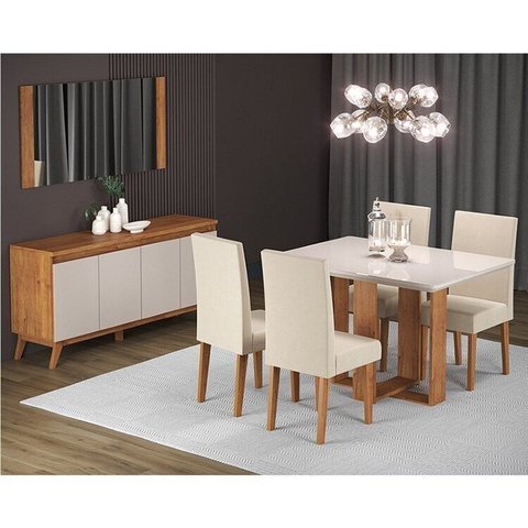 Conjunto Mesa de Jantar Retangular 120x90 Ville com 4 Cadeiras Venus e Buffet 4 Portas Eifel Bege/Mel/Off White