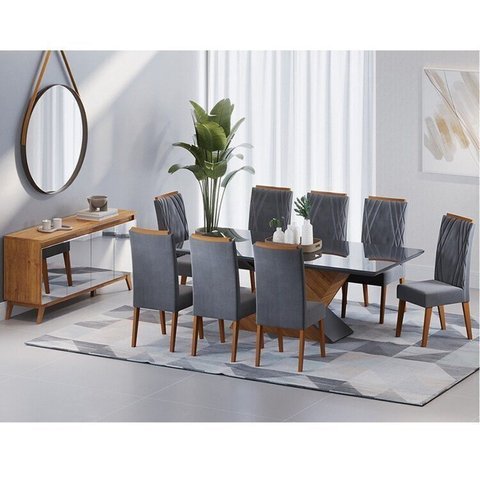 Conjunto Mesa de Jantar Retangular 200x90 Pipa com 8 Cadeiras Vegas e Buffet 4 Portas com Espelhos a