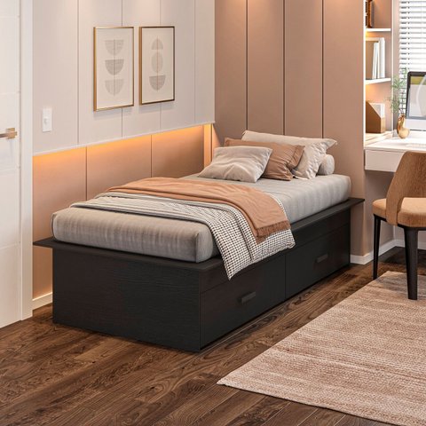 Cama Solteiro Adulto com 2 Gavetas Deva Yescasa Preto