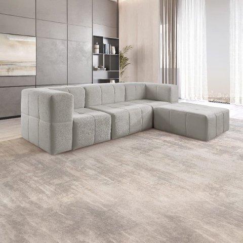 Sofá Modular com Puff 3 Lugares Bouclé Cinza na Caixa 258cm