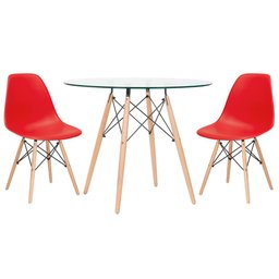 KIT - Mesa Eames com tampo de vidro 90 cm + 2 cadeiras Eiffel DSW Vermelho - 1